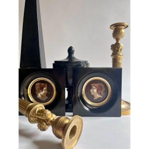 Pair Of Antique 19th Century Porcelain Medallions With Profiles