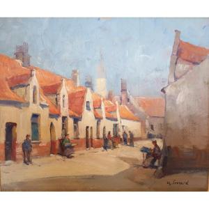 (Charly Léonard 1894-1953) Les dentellières, rue du Béguinage à Bruges l'été (Circa 1920)