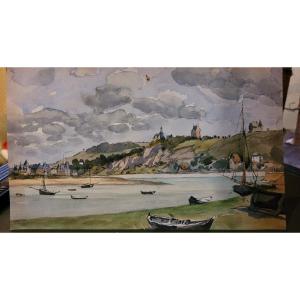 Guigne Eugene Alexis Aquarelle Vue De Marine En Bretagne