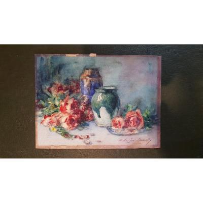 Charming Watercolor On Cardboard Still Life Double Face By M Du Gué Bourelly