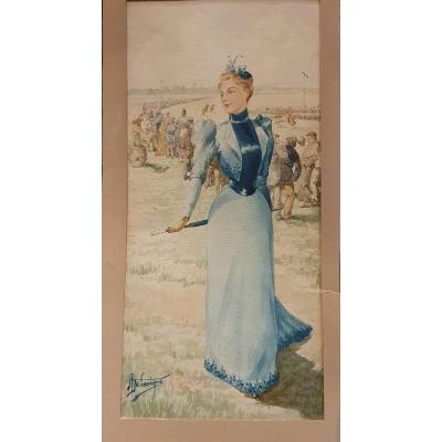 Angelo Delavigne Aquarelle Elegante Aux Courses"