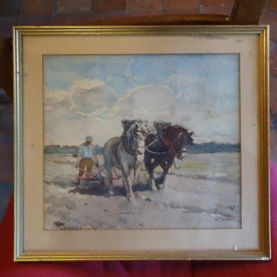 F Toussaint Peintre Belge Aquarelle Scène De Chevaux