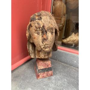 Head Wood XVth Religious Woman Polychrome
