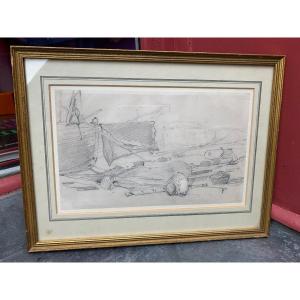 Drawing Eugène Isabey Naval Scene
