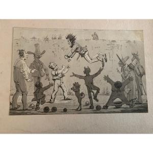 Ink Wash By Francisque Béal (dit Labé) Caricature Scene