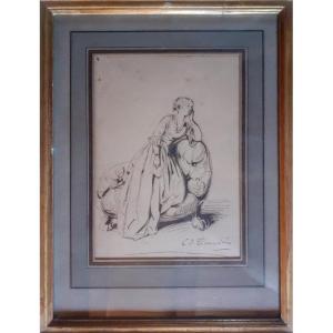 Charles-joseph Traviés De Villers 1804-1859 Drawing Ink On Paper Framed Under Glass