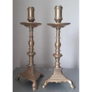 Pair Of Large 17th Century Bronze Tripod Candlesticks