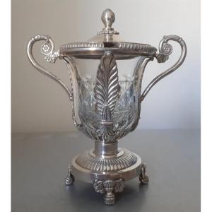 Mustard Pot In Solid Silver And Crystal 