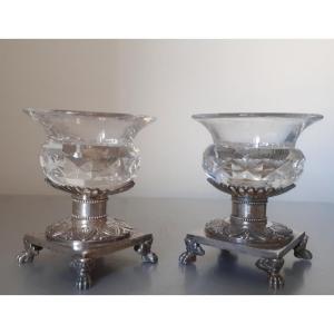 Pair Of Solid Silver And Cut Crystal Salt Cellars 