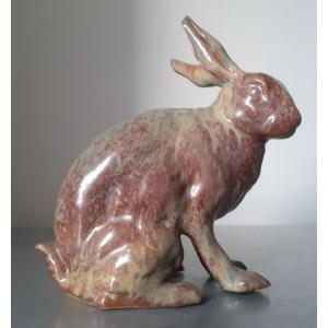 Seated Hare In Flamed Sandstone From Rambervillers 