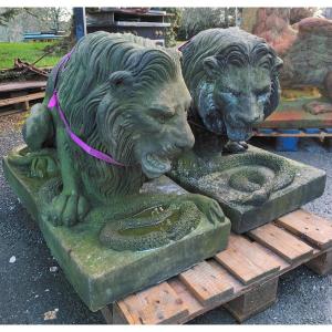 Large Pair Of Lions With Snakes In Cement
