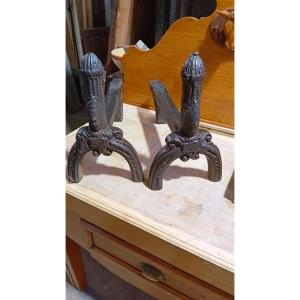 Rare Pair Of Early Period Cast Iron Andirons, 17th Century