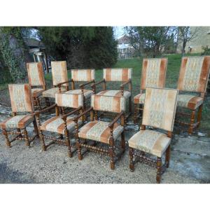Suite Of 6 Chairs And 4 Chairs With Arms In Blond Walnut Louis 13