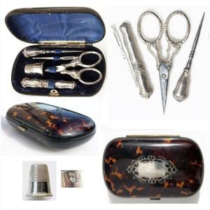 Small Sewing Kit In Sterling Silver In A Small Tortoiseshell Case
