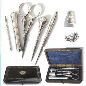 Late 19th Century Napoleon III Silver Sewing Kit Scissors Hook Thimble