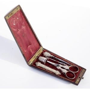 Silver Sewing Kit In A 19th Century Inlaid Box