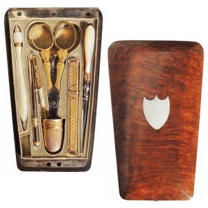 Early 19th Century Gold And Mother-of-pearl Sewing Kit With Scissors And Sewing Kit
