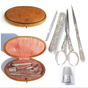 Old Sewing Necessary Box Late 19th Early 20th Century In Sterling Silver Scissors Thimble 