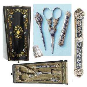 Charles X Enameled Silver Vermeil Sewing Kit, 19th Century, Scissors, Needle Case