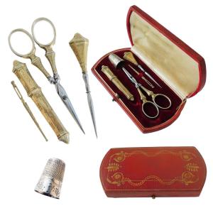 Sewing Kit Napoleon III Marquetry Box Punch Case Needles Vermeil Thimble
