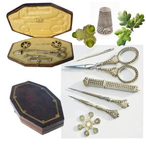 Solid Silver Sewing Kit Oak Decor Embroidery Scissors Case Needles Awl Bobbin
