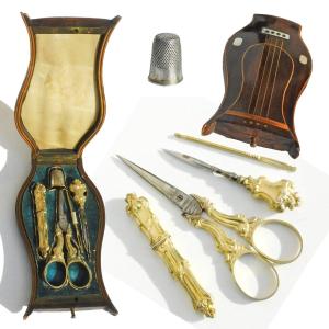 19th Century Charles X Silver Sewing Kit Lyre-shaped Marquetry Box