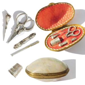 Antique Miniature Sewing Kit Silver Mother Of Pearl Shell 19th Century Child 