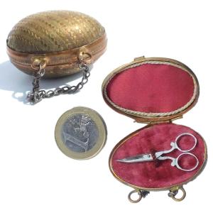 Child's Doll Sewing Kit In Brass Egg Miniature Steel Scissors Late 19th Century