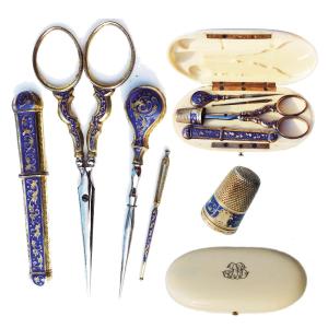 Antique Sewing Kit, Silver Vermeil Embroidery, Enamelled, Late 19th Century, Napoleon III, Scissors, Thimble