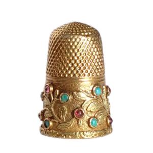 Solid Gold Thimble Decorated With Pink And Turquoise Stones, Late 19th And Early 20th Century