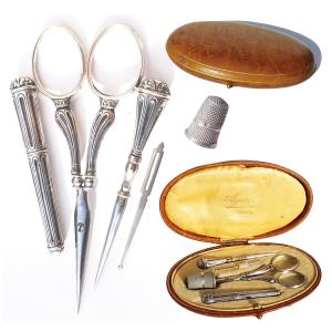 Solid Silver Sewing Kit, Late 19th And Early 20th Century, Embroidery Scissors, Sewing Needle Case 