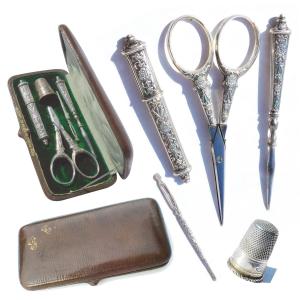 Late 19th Century Solid Silver Sewing Kit: Embroidery Scissors, Ripper, Awl