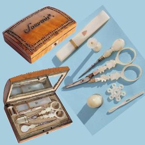 19th-century Lemonwood Marquetry Box, Mother-of-pearl Sewing Kit With Scissors And Seam Ripper 