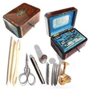 Marquetry Box, Sewing Kit, Steel Scissors, Thimble, Crochet Hook, 19th Century