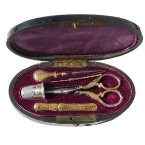 Vermeil Sewing Kit In Marquetry Box, 19th Century, Napoleon III Period, Scissors, Thimble