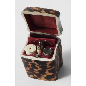 Antique 19th Century Travel Sewing Kit: Scissors, Tortoiseshell Pattern, Case, Needle