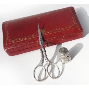 Antique Silver Sewing Kit Early 20th Century Scissors, Thimble