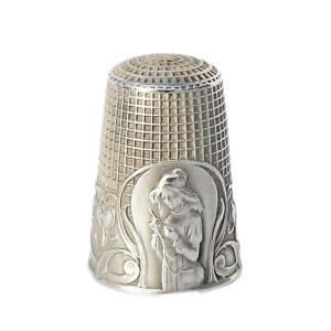 Antique Silver Thimble Illustrated With A Young Girl Knitting In The Early 19th Century