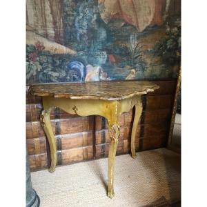 Italian Console In Painted Wood 18th Faux-marble Top