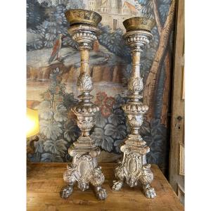 Beautiful Pair Of Carved And Silvered Wooden Candelabras (18th Century Italy)