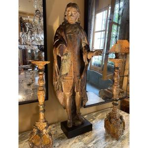 Pair Of Polychrome Carved Wooden Candlesticks (italy 18th Century)