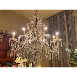 Eight-light Chandelier In Metal And Gilded Wood (glass And Crystal), Turin Townhouse, 19th Century 