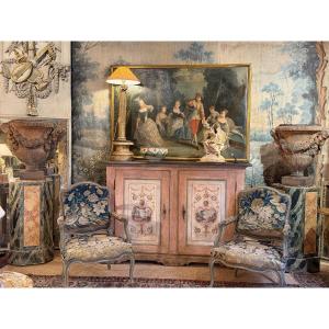 Early 19th Century Italian Painted Credenza Decorated With Grotesques And Landscapes On The Sides.