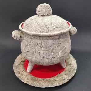 Francis Triay, Granite Ceramic Tripod Tureen With Rock Scene Decor