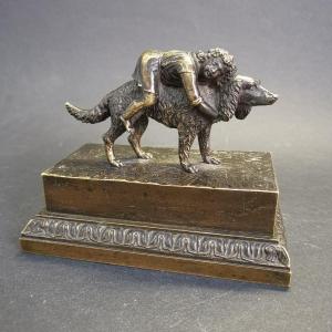 Bronze Inkwell, Child Lying On A Dog, Restoration Period , XIX °