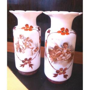 Pair Of Opaline Vases "the Cherubs"