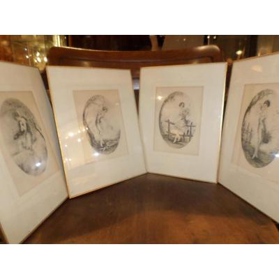 The 4 Seasons Engravings Art Deco Signed Dorval