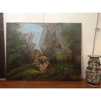 Tableau Le Jeu De La Jungle Entre Lion Et Tigre