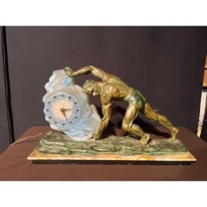 Pendulum With Polychrome Spelter And Art Deco Molded Glass