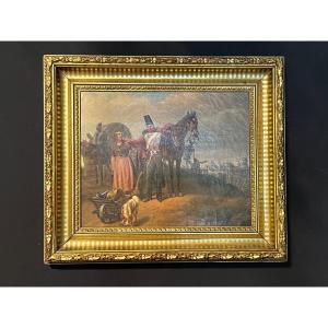 Oil On Canvas Representing A Military Scene